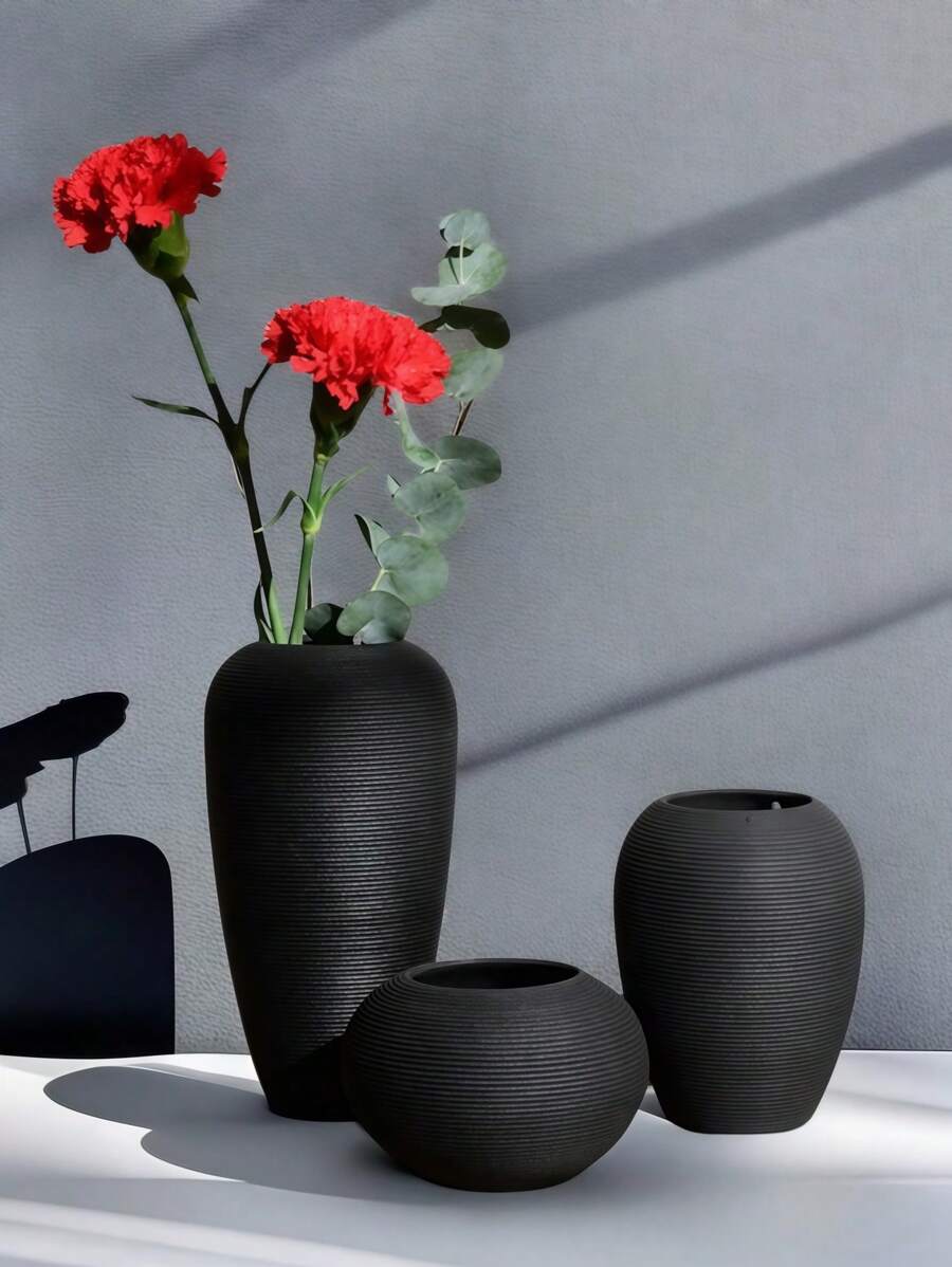 1pc Nordic Modern Creative Ceramic Vase, Black Ceramic Art Vase,Textured Vase,Ornament Craft Decoration For Home Living Room Tv Cabinet Display Flower Arrangement