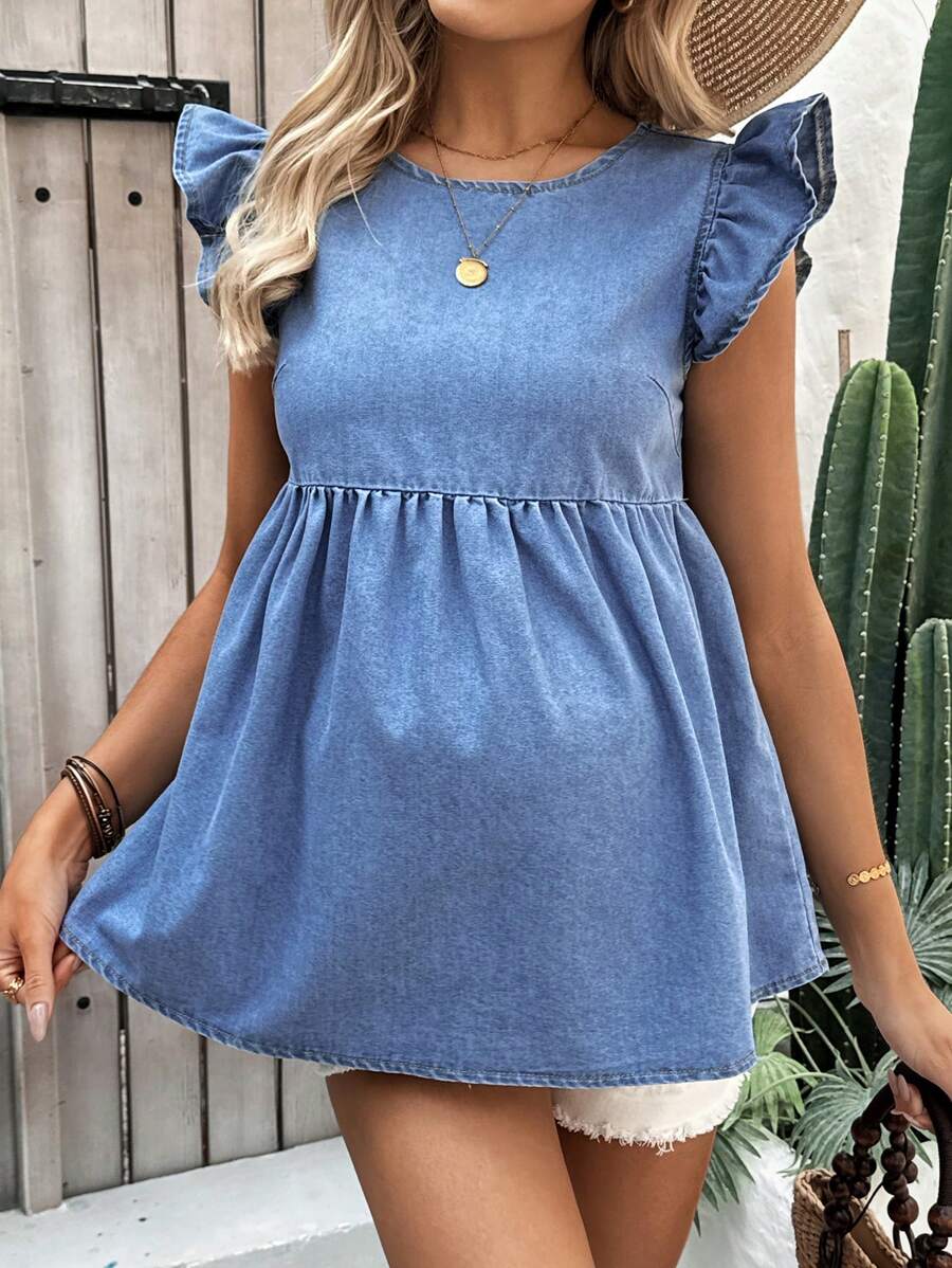 SHEIN Maternity Vacation Cap Sleeve Ruffle Hem Denim Blouse,Suitable For Parties, Holidays, Dates, Valentine's Day, Afternoon Tea, Summer / Summer Outfits / Summer Clothes,Spring / Spring Outfits For Women,Beach Outfits For Woman / Beach,Brunch Outfits For Women, Spring Break / Spring Break Outfits, Concert Outfit Women / Rave Outfits Festival / Country Concert Outfit / Ibiza Outfits / Nashville Outfits,Spring Outfits For Women / Spring,Summer Outfits For Women / Summer / Summer Clothes / Cute Summer Tops,Easter Dress / Easter / Easter Outfit Women,Concert Outfit Women / Rave Outfits / Rave Outfits Festival / Country Concert Outfit / Nashville Outfits / Ibiza Outfits,Western Wear Women / Western / Western Clothes For Women,Cowgirl Outfits For Women / Rodeo Outfits For Women / Cowgirl Outfit,Beach Outfits For Woman / Beach, Brunch Outfits For Women