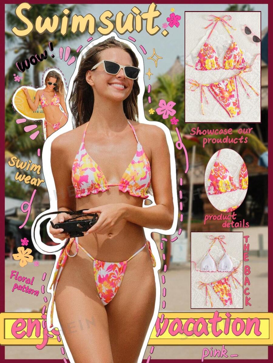 SHEIN Swim Conjunto de 2 piezas de ropa de playa para mujer, con top de halter con volantes con estampado floral y pantalones de baño con lazada lateral, para vacaciones de verano