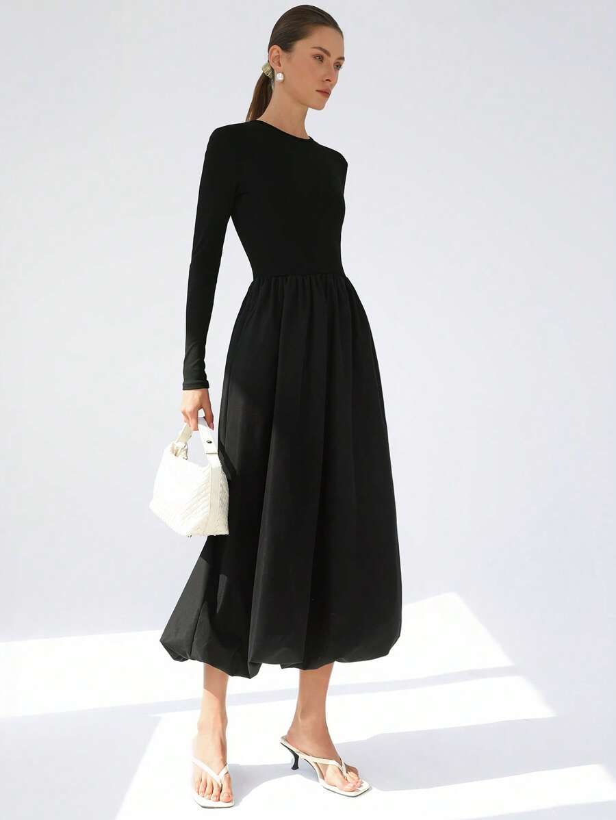 Aveloria Modichic Black Fashion Elegant Minimalist Design Versatile New Mixed Material Round Neck Cinched Waist Puff Hem Splicing Long Sleeve Dress For Women