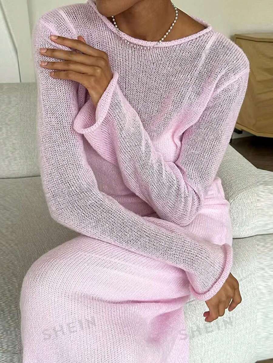 Vestido de manga larga cuello redondo de un solo color como cubierta, para el verano, vacaciones en la playa