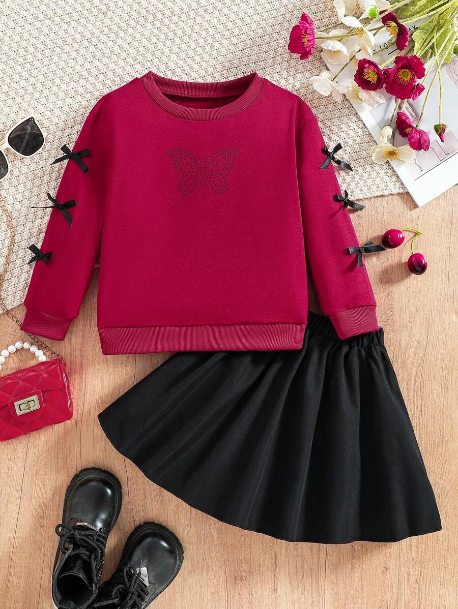 SHEIN 2pcs/Set Girls Casual Cute Butterfly Print Round Neck Long Sleeve Bow Decor Drop Shoulder Thin Sweatshirt And Skirt Set, Autumn/Winter