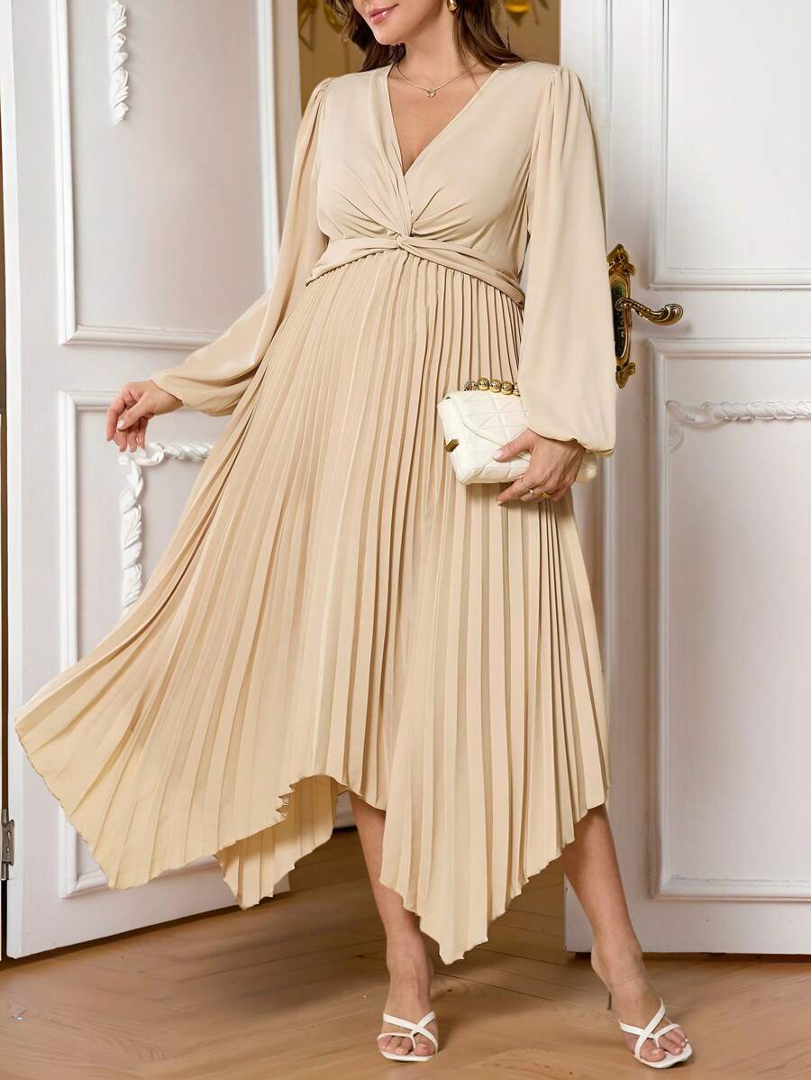 SHEIN Frenchy Plus Size Elegant Solid Color Lantern Sleeve Twist Elegant Women Dresses Old Money Pleated Midi Dress