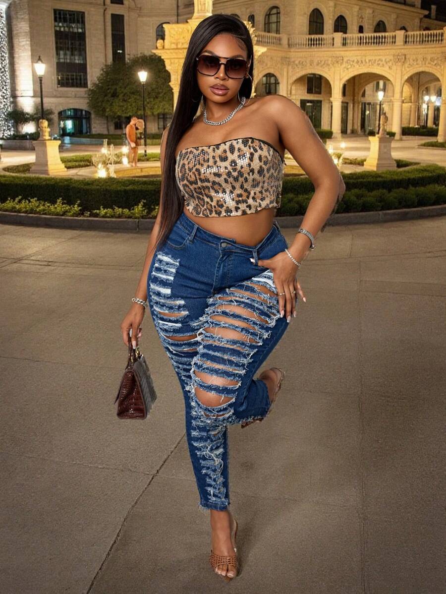 SHEIN SXY Plus Size Elastic Distressed Skinny Jeans