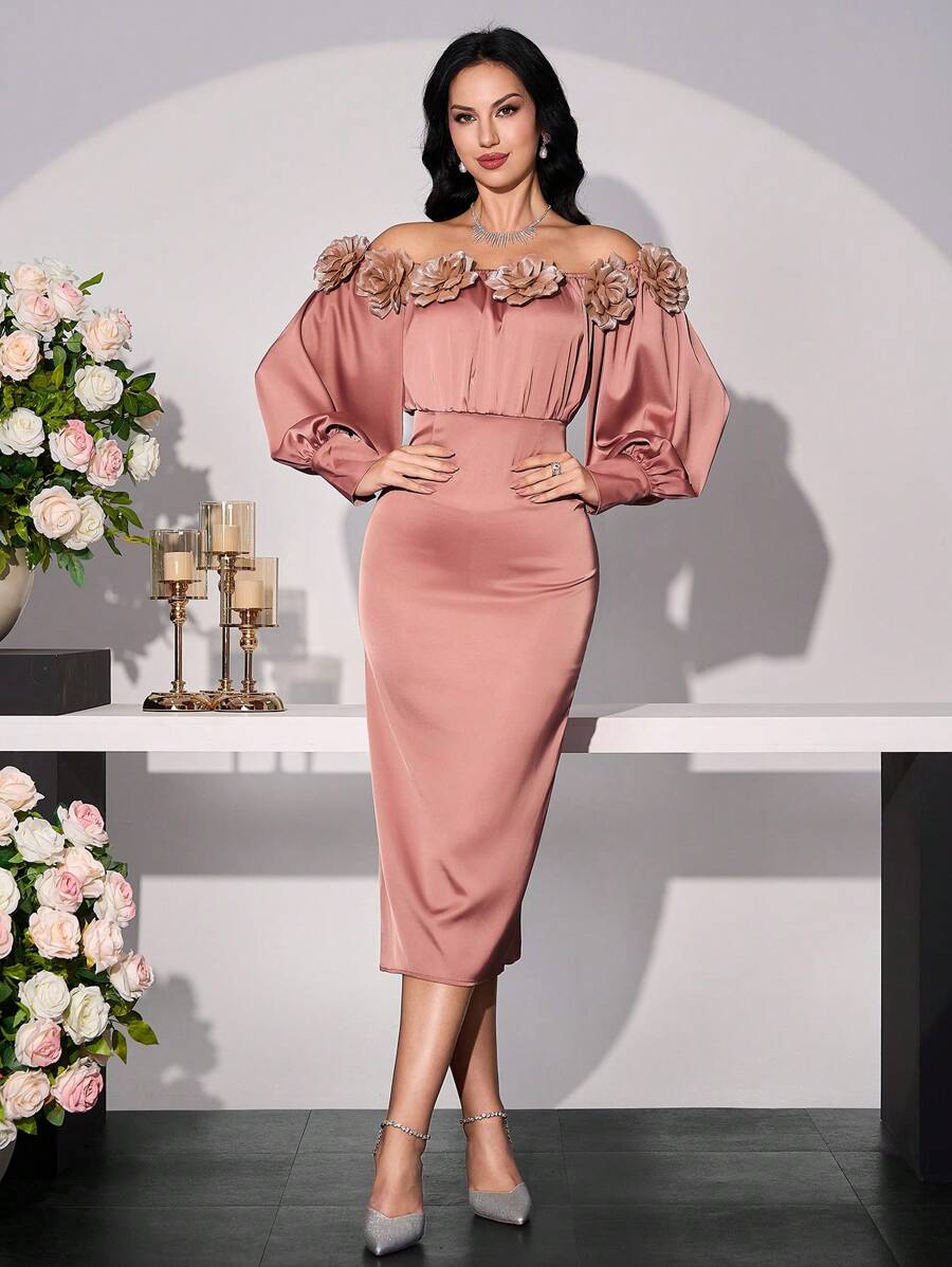 Modelyn Damska sukienka midi z odkrytymi ramionami i plisowaną talią w kwiaty, elegancka