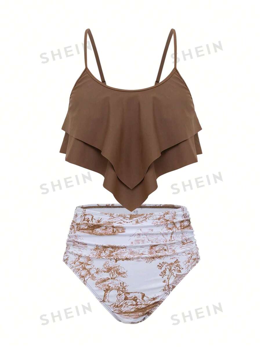Swim Lushoire Set de 2 piezas de bikini de talle alto con volantes y estampado de árbol para mujeres, ideal para vacaciones de verano en la playa