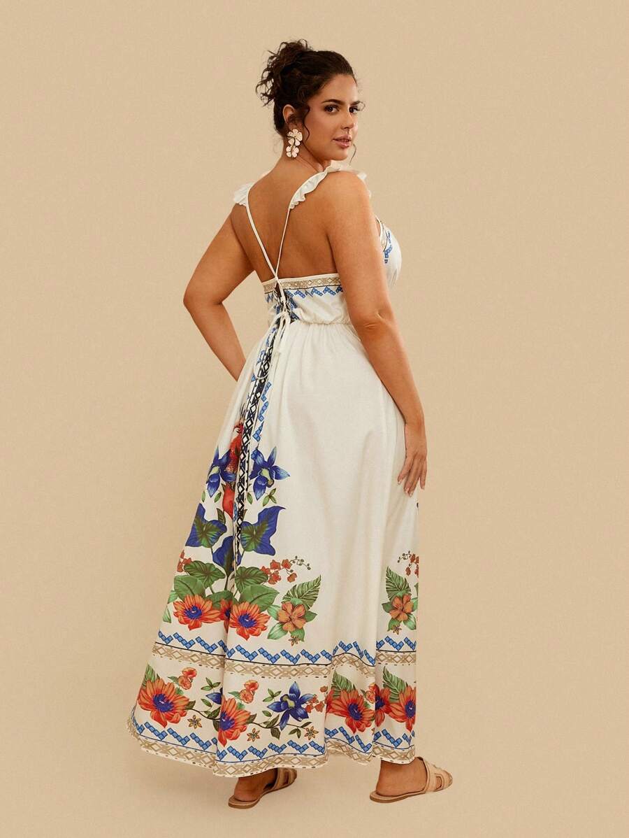 Travachic Plus Size Vintage Floral Print Tie-Up Dress, Casual Holiday Wear For Spring & Summer