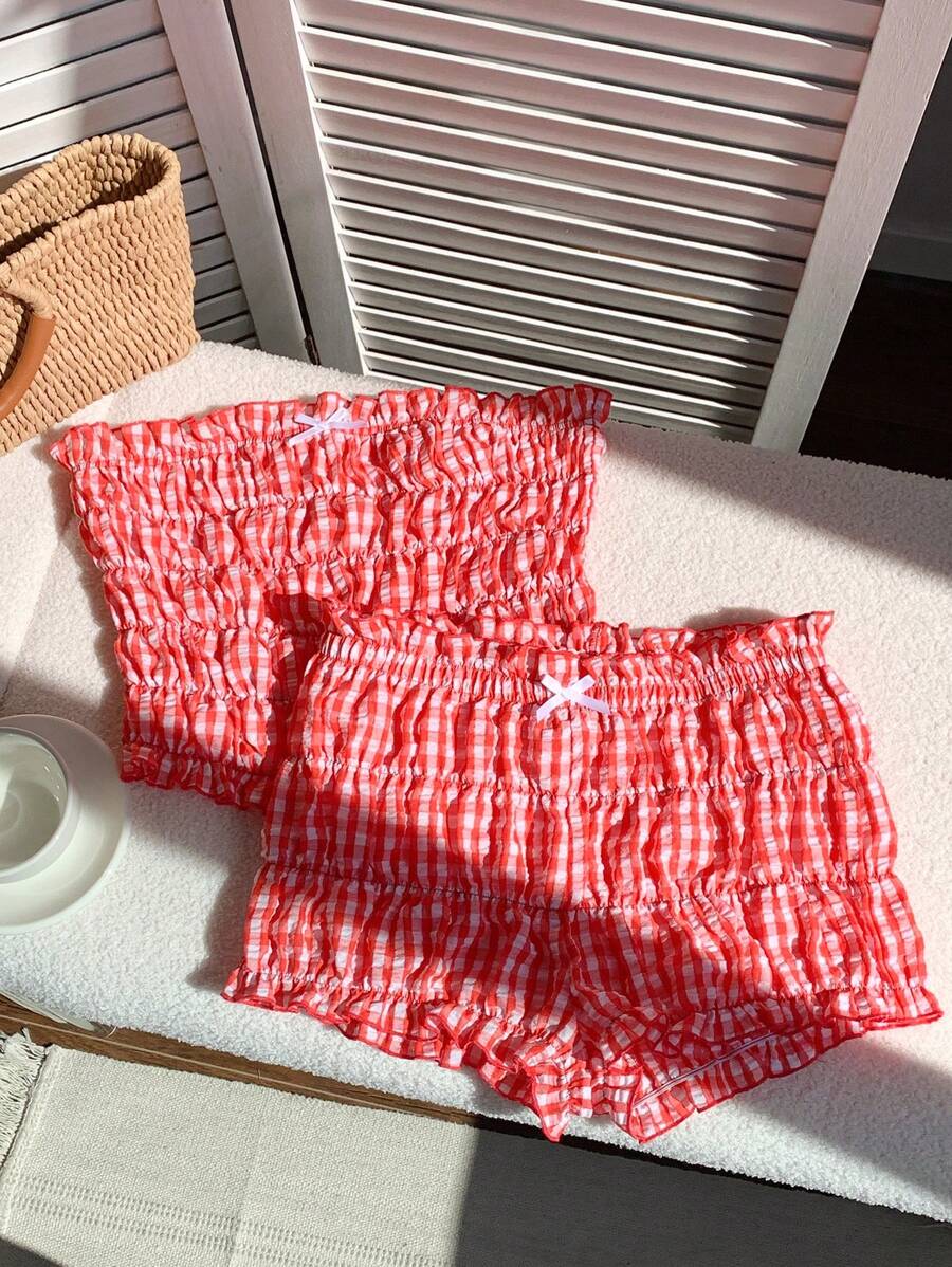 Comfortcana Ensemble pour femme top brassière à carreaux rouges et shorts