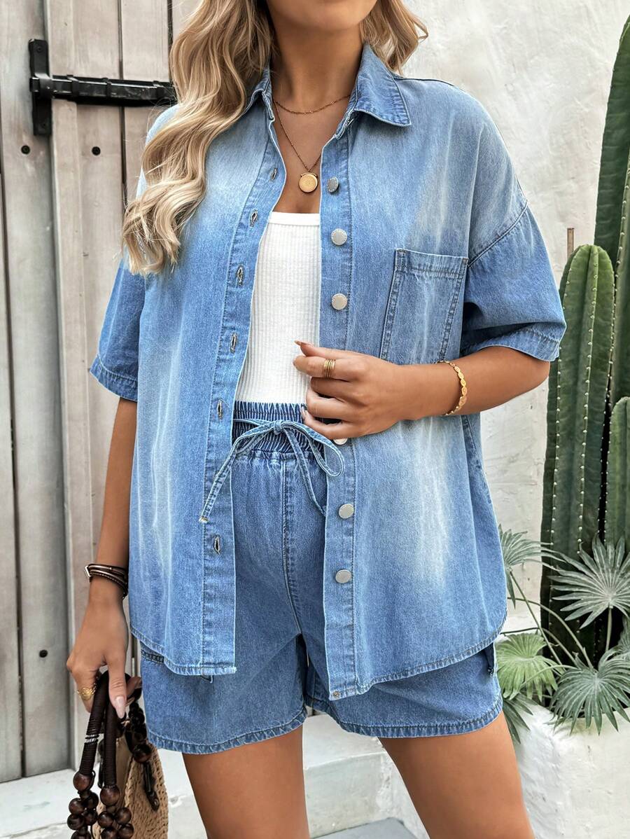 SHEIN Chaqueta vaquera azul de manga corta holgada informal para embarazadas, chaqueta de verano y primavera para mujeres, apta para fiestas, vacaciones, citas, el Día de San Valentín, el té de la tarde, atuendos de verano, para primavera/verano, vacaciones, apropiada para el verano, regalo del Día de la Madre