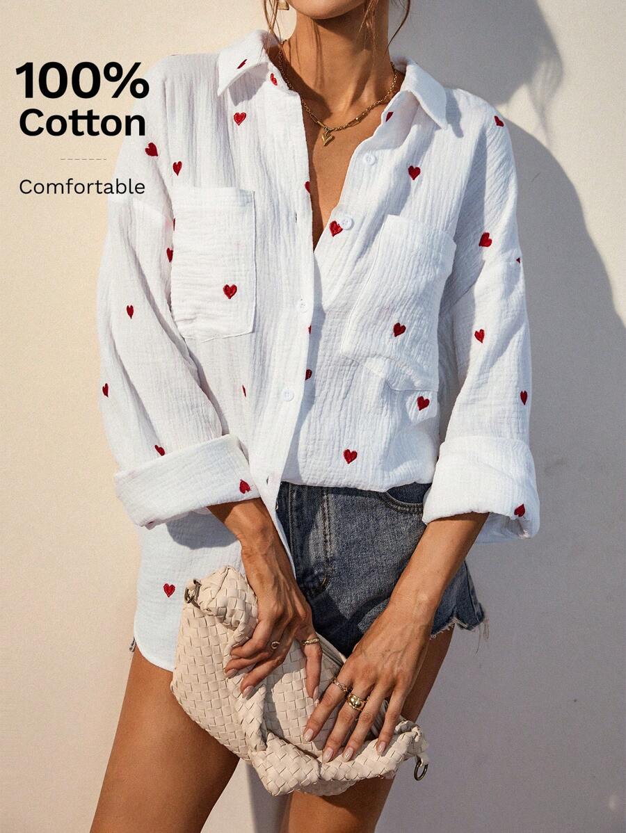 SHEIN Frenchy Heart Embroidery Pocket Patched Drop Shoulder Shirt