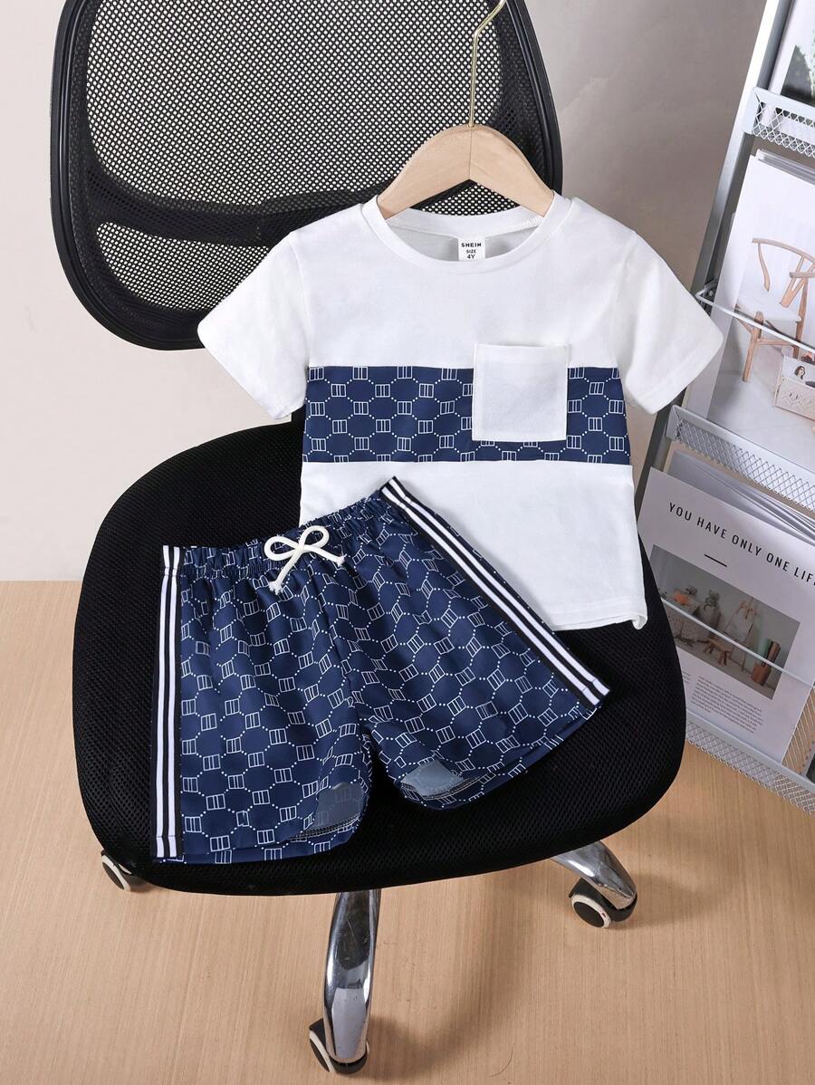 Set de 2 piezas para niños pequeños: Camiseta de cuello redondo y shorts estampados, perfecto para vacaciones, viajes, relajarse, tomar el sol en verano
