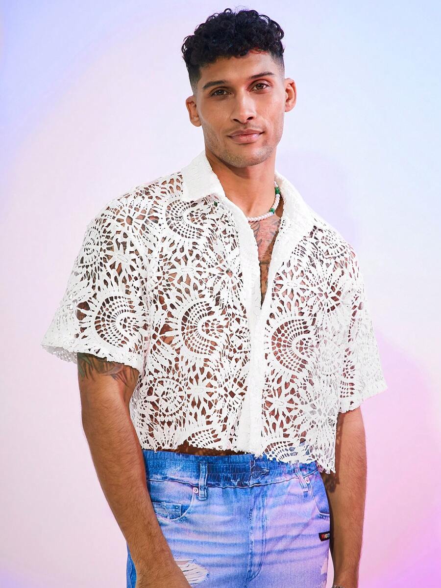 FeverCity Men's Loose Water-Soluble Lace Short Sleeve Shirt