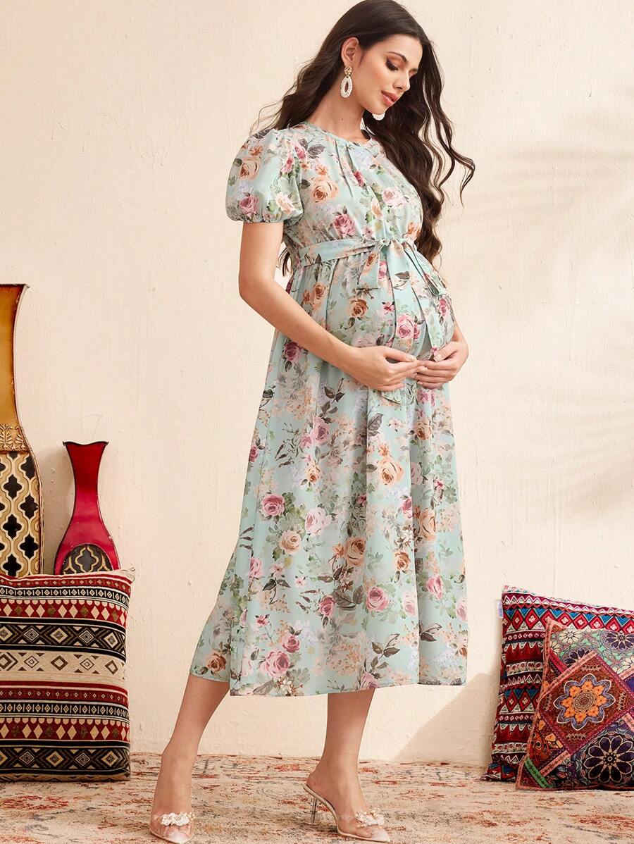 SHEIN Maternity Dress With Puff Sleeves, Tie-Front & Floral Print