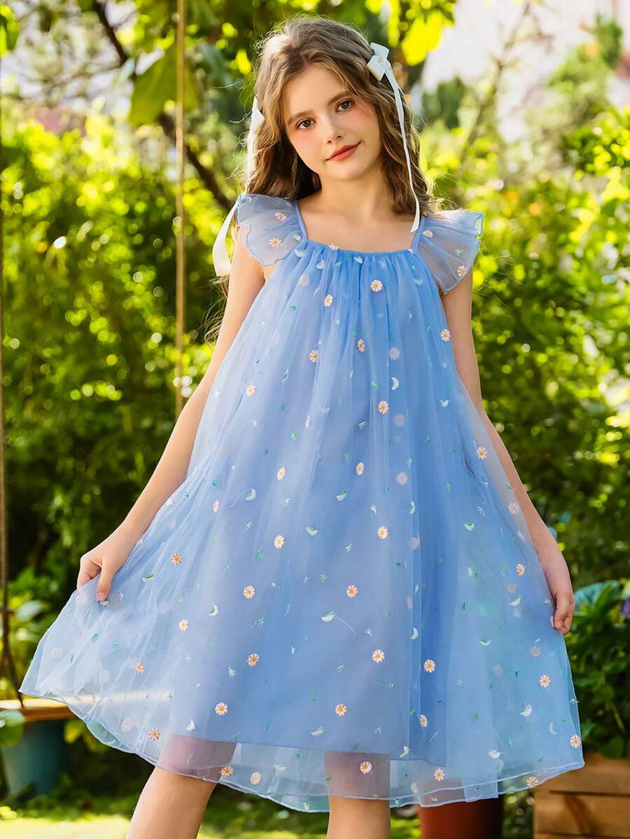 Wildeya Tween-Mädchen Ärmelloses Kleid, elegantes, wunderschönes, süßes Netzvolant-Kleid mit bunten Schmetterlingen, blau, geeignet für Sommer und Frühling, geeignet für Partys und Feiertage