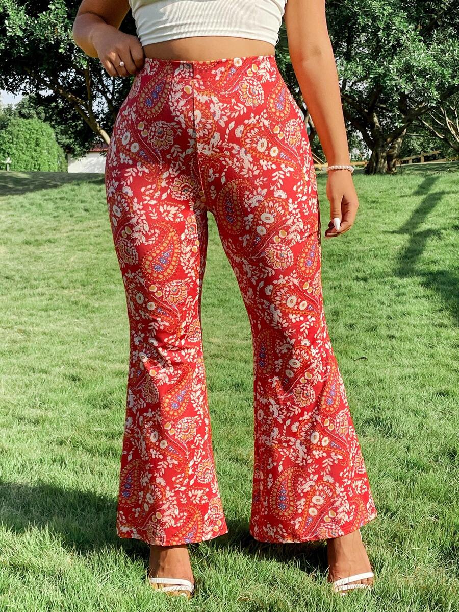 Breezaya Plus Size Women Retro Print High Waisted Flare Leg Long Knit Pants