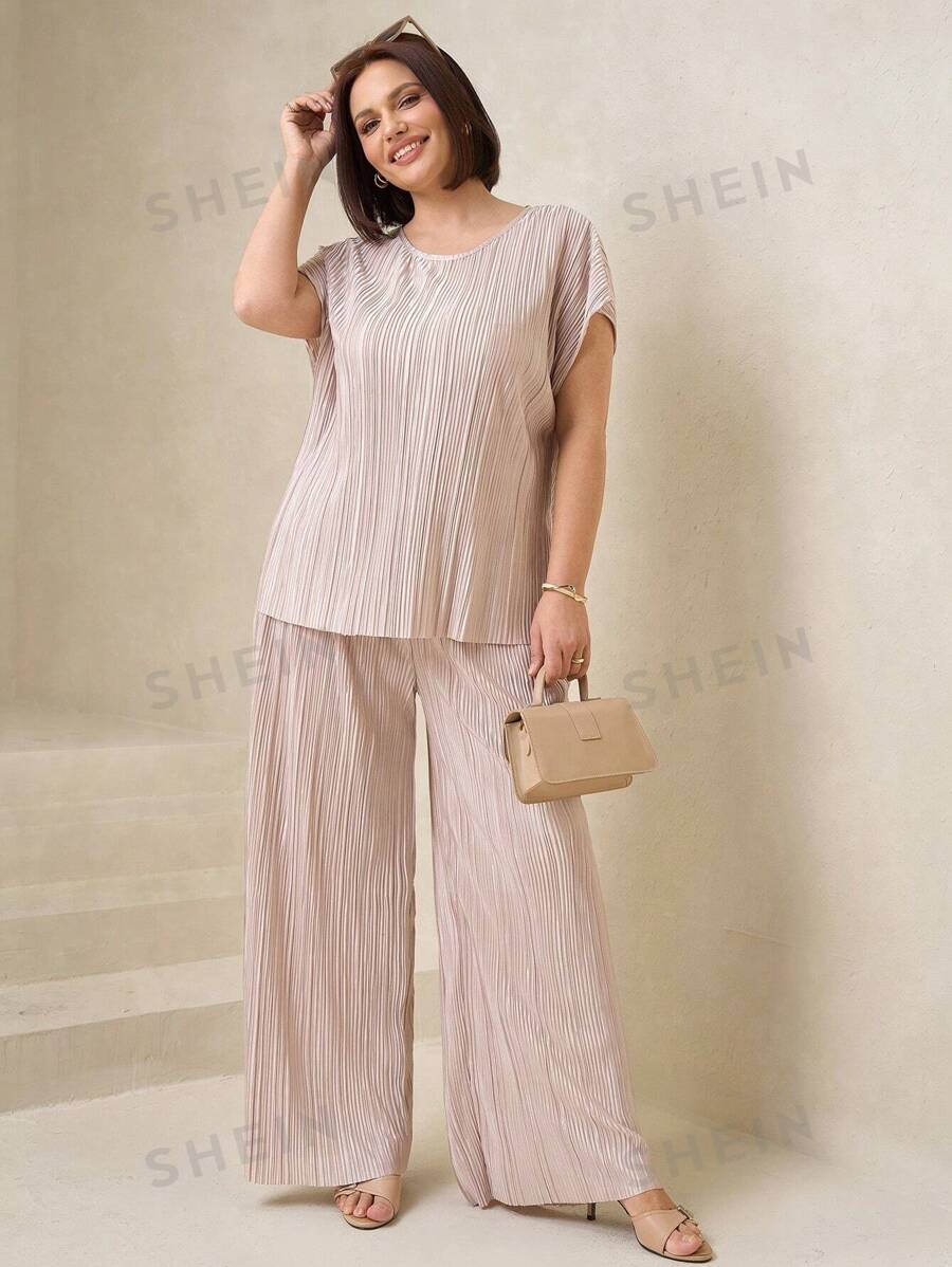 Chikora Blusa con mangas tipo murciélago y pantalones de pierna ancha de talla grande