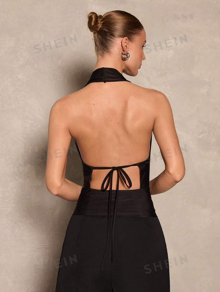 Glamine Camiseta de punto sin mangas con hombros caídos para mujer, color negro