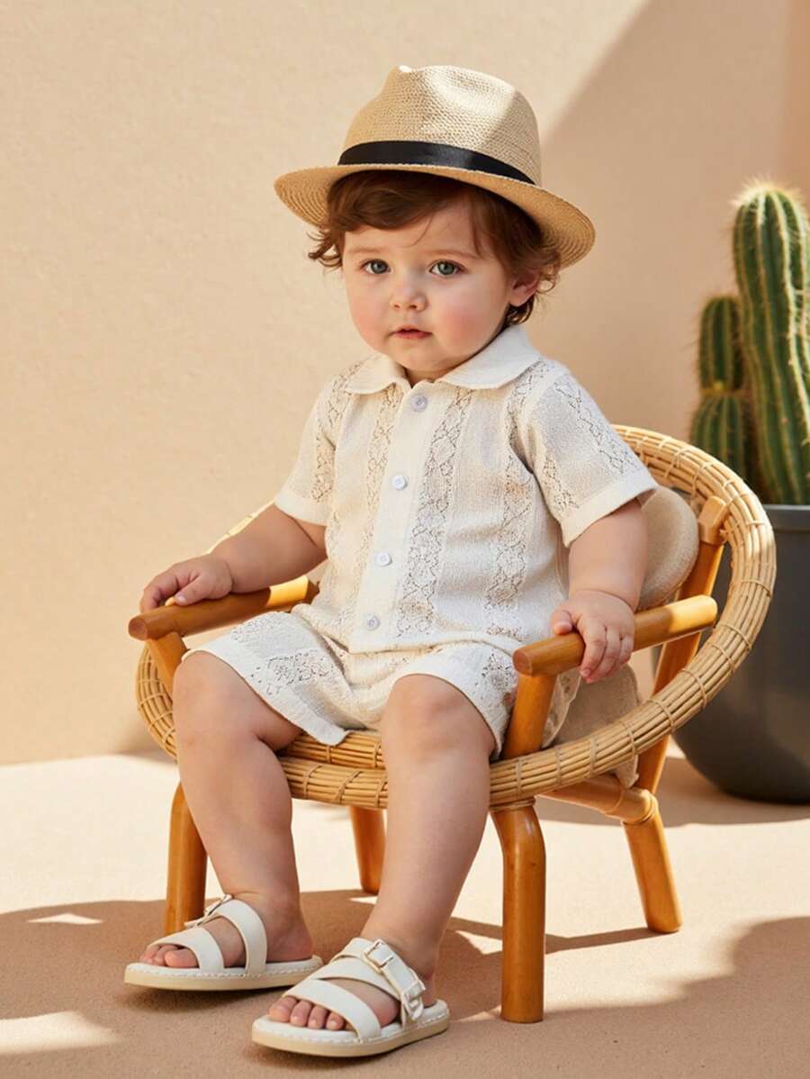 Souflis Souflis 2pcs/Set Spring & Summer New Casual Style Solid Color Jacquard Texture Button Pocket Collar Shirt & Elastic Waist Pleated Shorts Matching Comfortable Baby Boy Outfit, Kid Clothes,Toddler Clothes, Baby Outfit,Toddler Coat ,Toddler Shorts,6M-3T