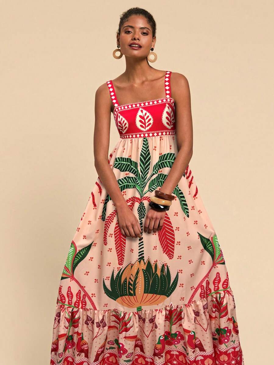 Travachic Vestido largo tipo camiseta sin mangas con volantes y estampado de plantas