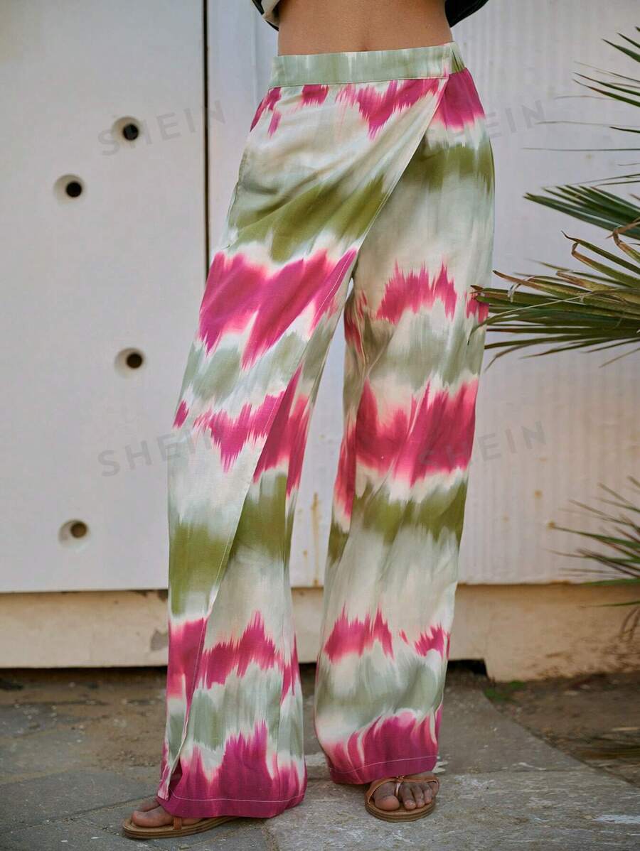 Maija Pantalones palazzo bohemios de mujer para vacaciones de primavera, con estampado de teñido anudado y bajo asimétrico