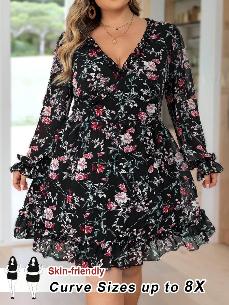 SHEIN CURVE+ Plus Size Women's Printed Ruffled Sleeve Pleated Dress Boho Vacation