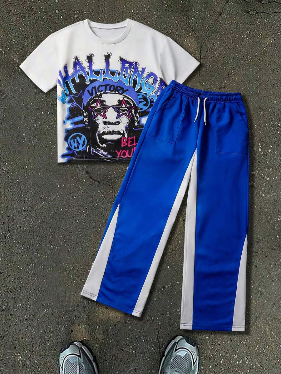 2pcs Tween Boy Fashionable Print Short Sleeve Loose Fit T-Shirt With Drawstring Waist, Matching Colorblock Pants, Street Style Spring/Summer Outfit