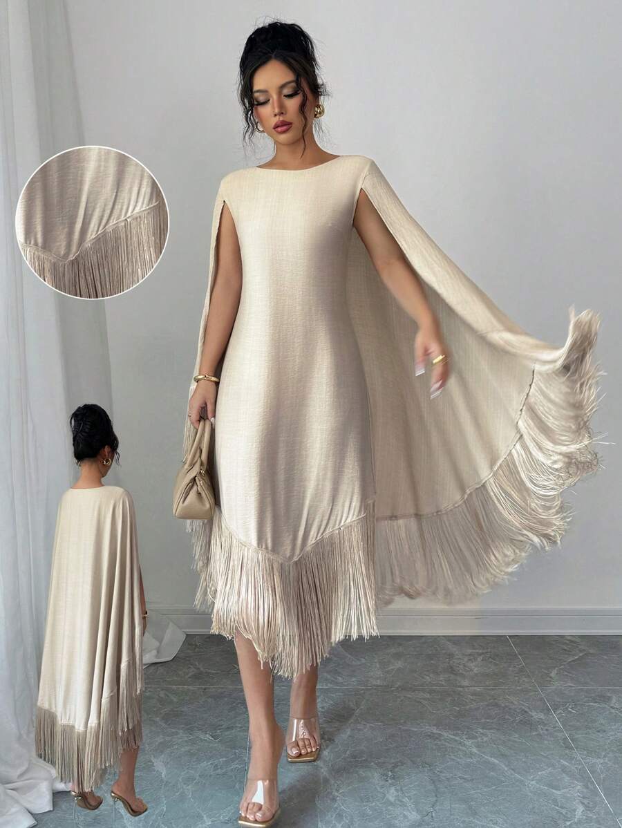 Elenzga Vestido con mangas tipo capa y dobladillo con flecos