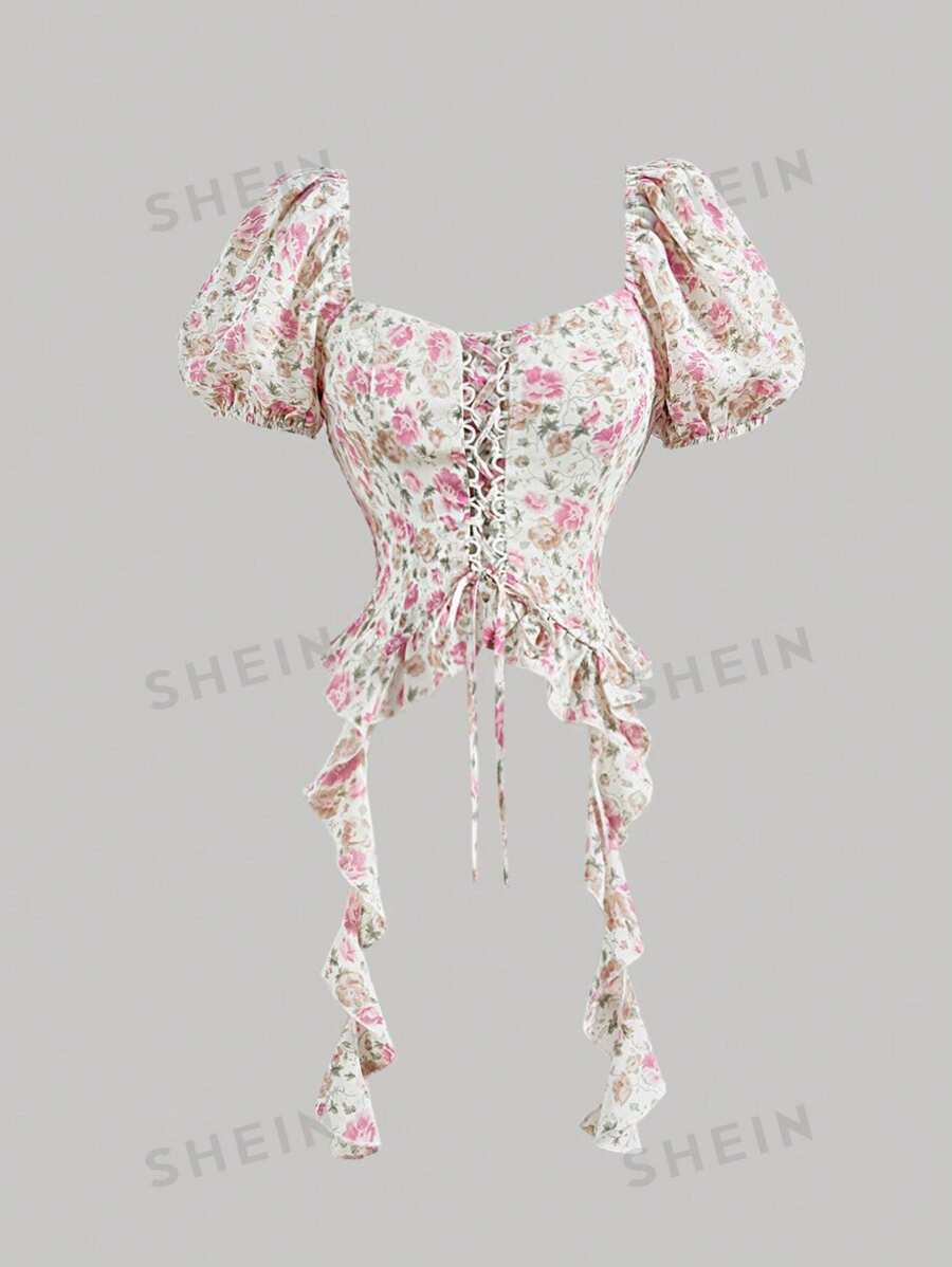 SHEIN MOD Blusa con mangas abullonadas, lazo y estampado floral para mujer, apta para uso casual de oficina, atuendo de los 90, blusas para salir, looks de playa, vacaciones, cruceros, brunch, primavera, estilos occidentales, país, playa, ropa de los 90, outfits de primavera/verano para mujer, ropa modesta, vestidos con volantes, romántica, blusas elegantes para mujer