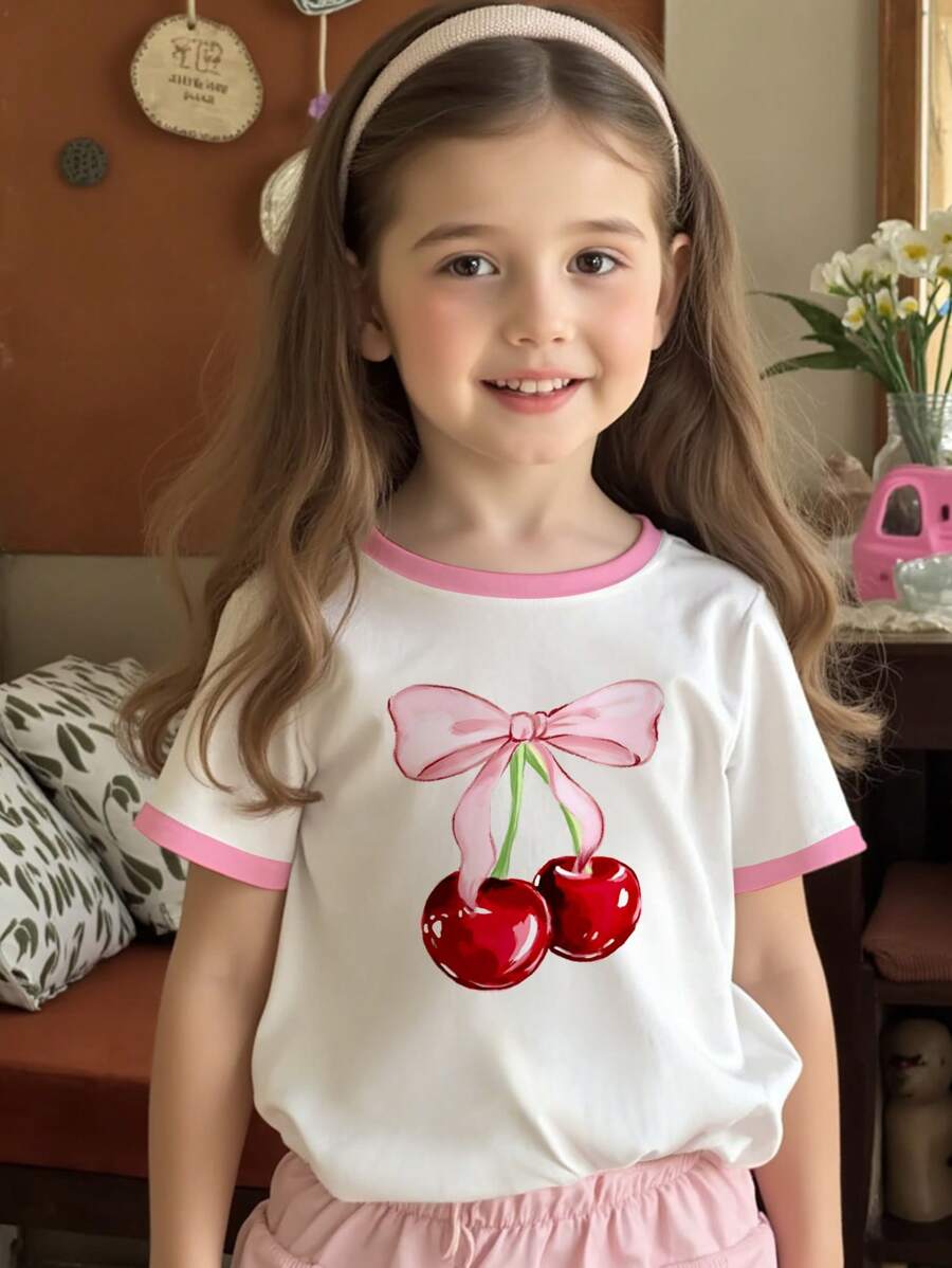 SHEIN Cute And Sweet Bow Cherry Print, Pink, Tween Girl Casual Simple Short-Sleeved Round Neck T-Shirt Suitable For Summer