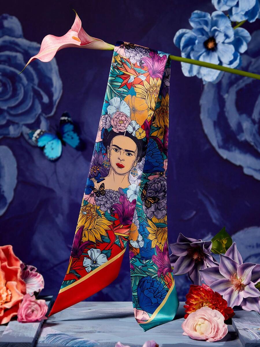 Frida Kahlo X SHEIN 100 cm Elegant Floral Printed Dublu-Adevărat Satin Neted Eșarfă Șal Accesoriu de păr Bandă de păr, Potrivit pentru viața de zi cu zi și vacanță Bandă de păr Turban