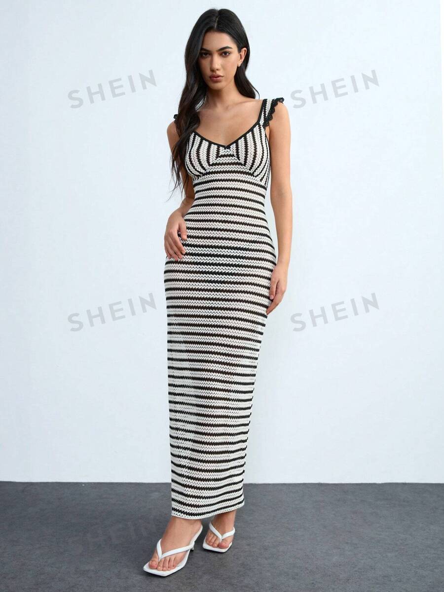 Lumivelle Vestido largo de punto de mujer con mangas cortas y diseño a rayas