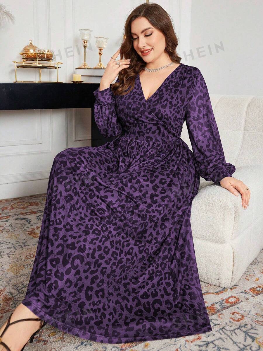 Modelyn Vestido elegante con estampado de leopardo, de tallas grandes, con escote cruzado, cintura asimétrica, mangas farol amplias y plisadas