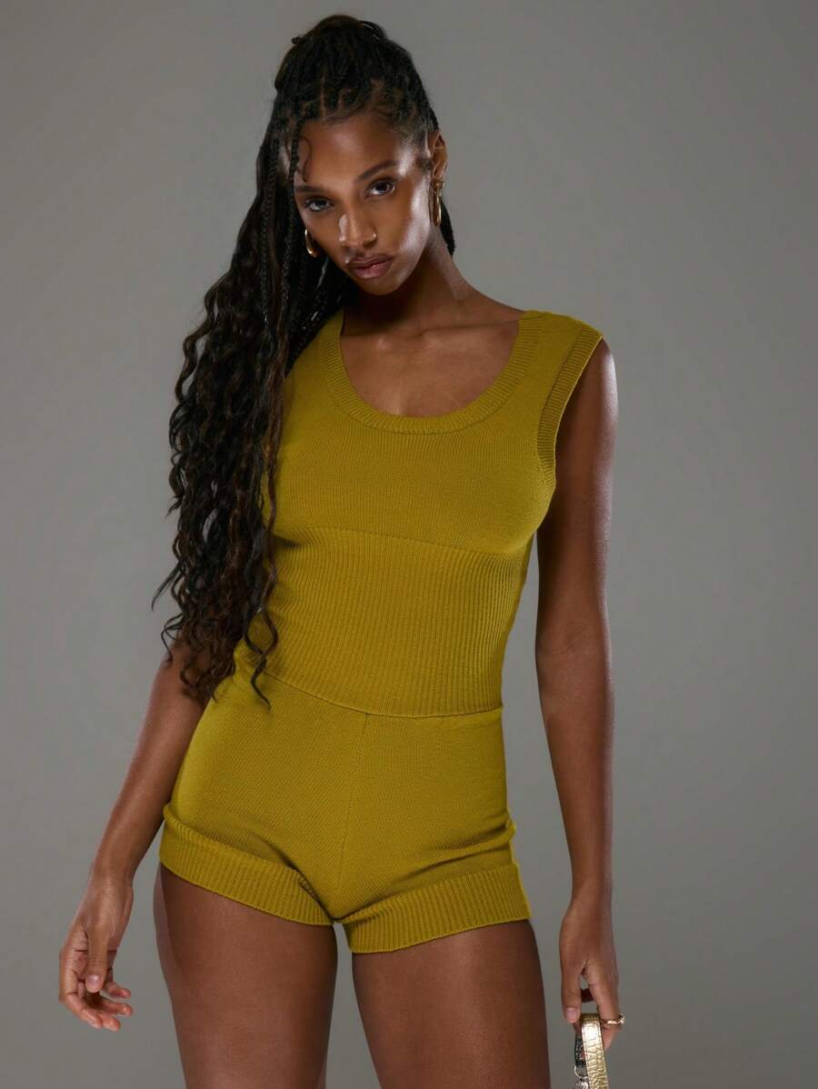 MUSERA Ribbed Knitted Cinched Waist Sleeveless Playsuit Spring Summer Deconstructed Festival Holiday Sexy Basics