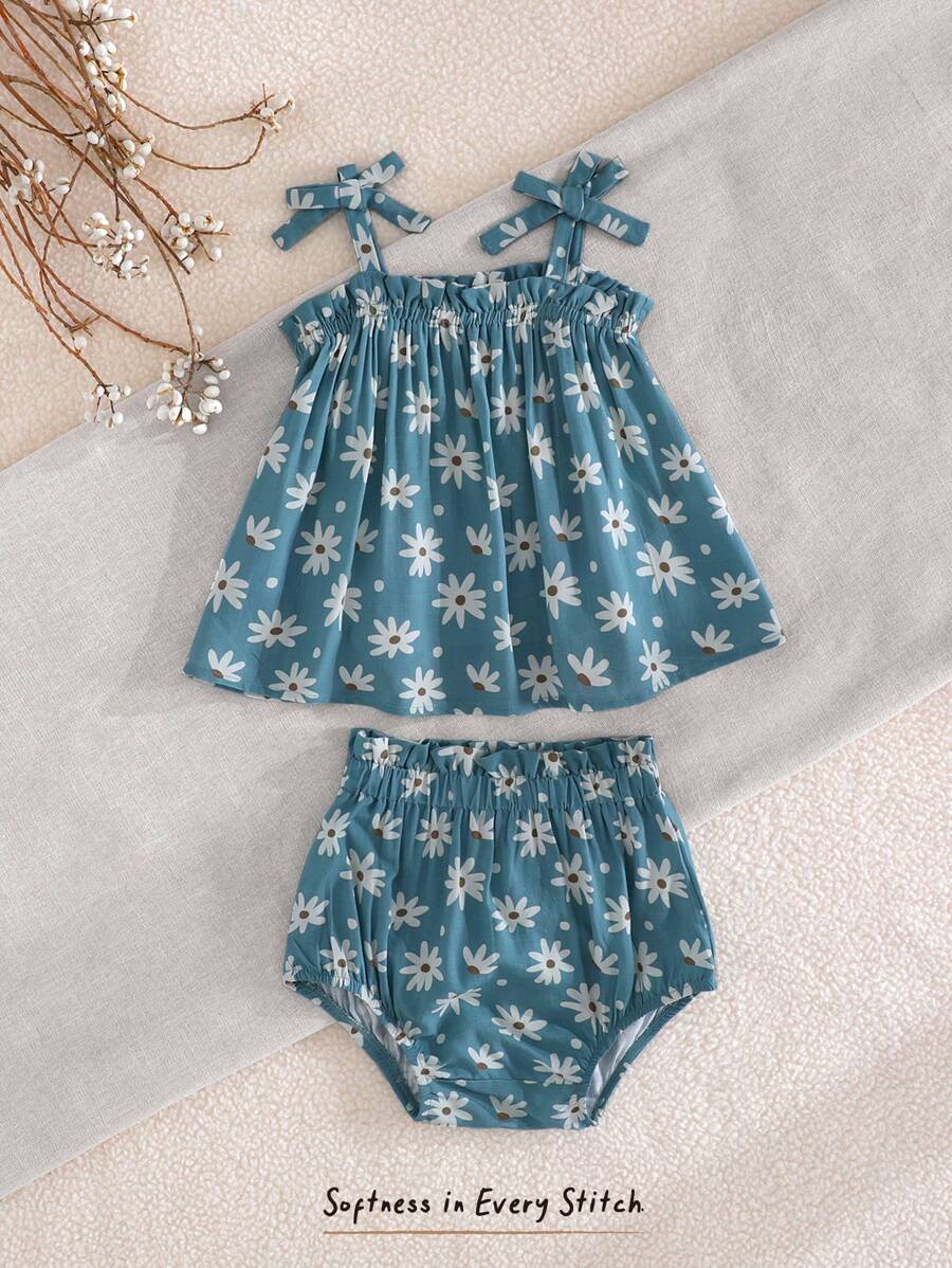 Cozy Pixies Baby Girl Floral Print Bow Shoulder Cami Top & Shorts