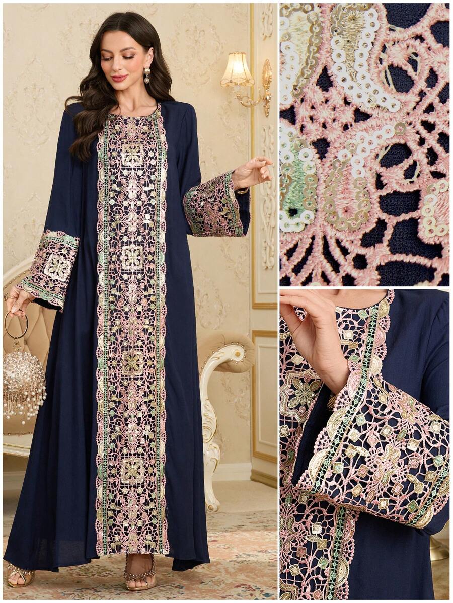Al Najma Front Split-Sleeve Sequins Colorful Trim Big Hem Arabic Style Dress, Spring/Summer,Modest
