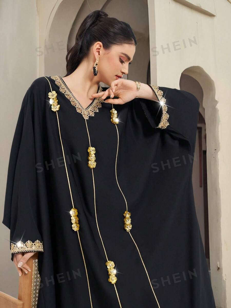 Al Najma Vestido largo con cuello en V, mangas de murciélago y adornos en estilo árabe para mujeres