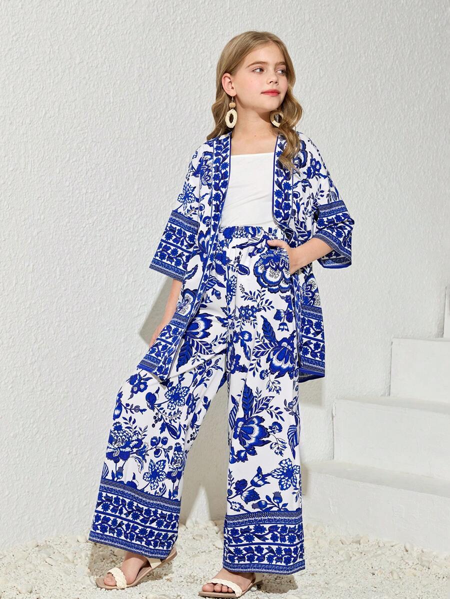 SHEIN Tween Girl 1pc Bloemenprint Kimono & 1pc Broek