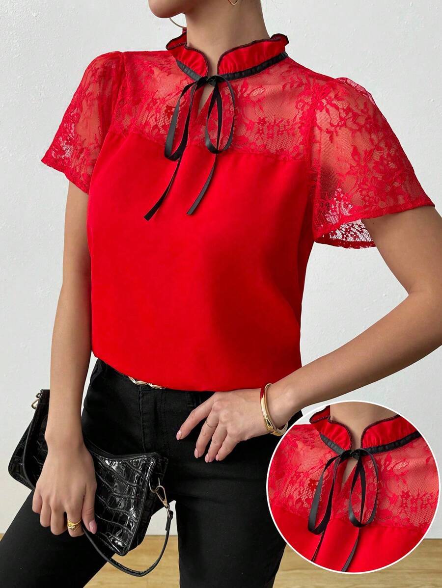 Calvaya Elegant Women Blouse, Contrast Lace Satin Ribbon Blouse, Romantic Stylish Shirt, Red Blouse