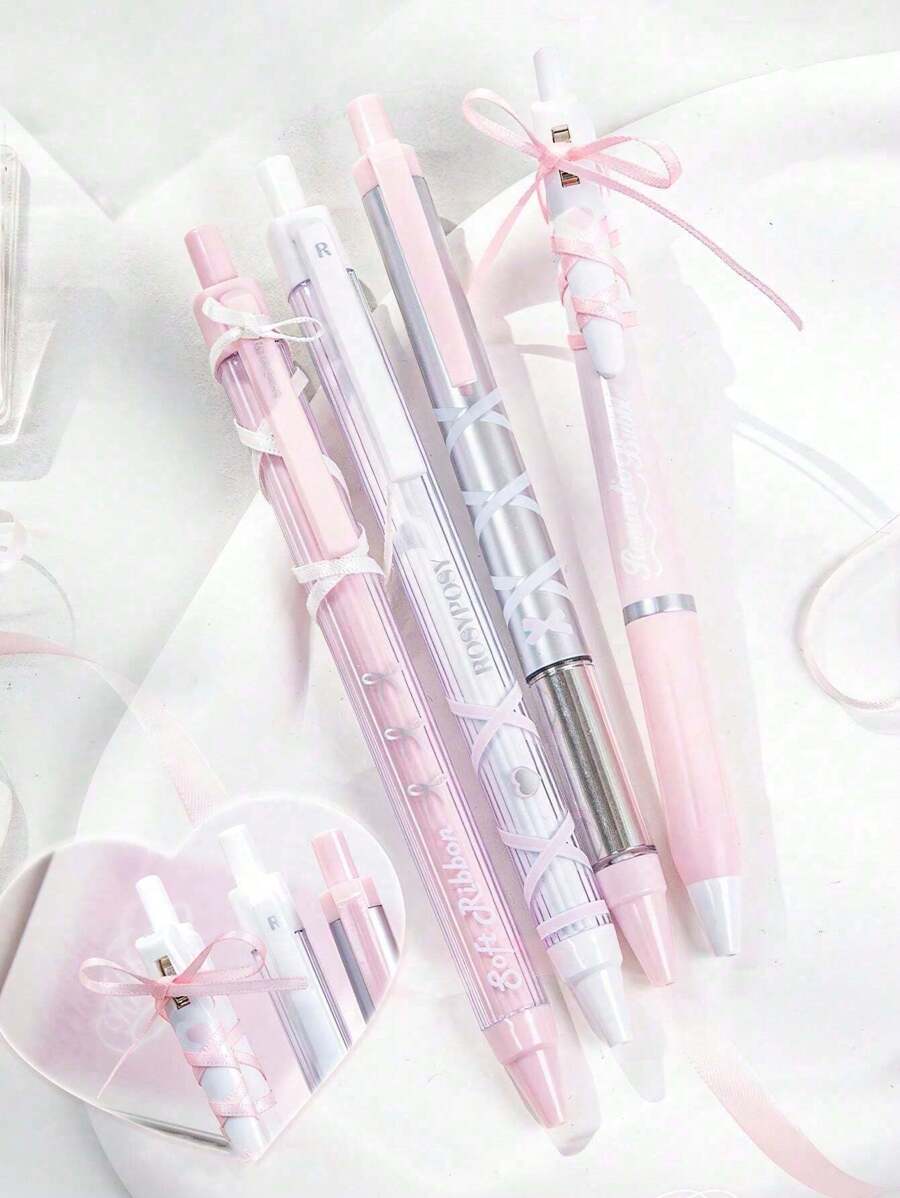 SHEIN 4pcs Soft Ribbon Gel Pens Set Ballet 0.38mm/0.5mm Ballpoint Quick-Dry Black Color Ink For Writing Gift Back To School
