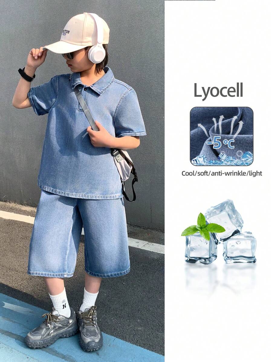 SHEIN Conjunto de 2 piezas para niño preadolescente con camisa de mezclilla de manga corta y sensación de frescor y shorts holgados de mezclilla para uso diario y las cuatro estaciones