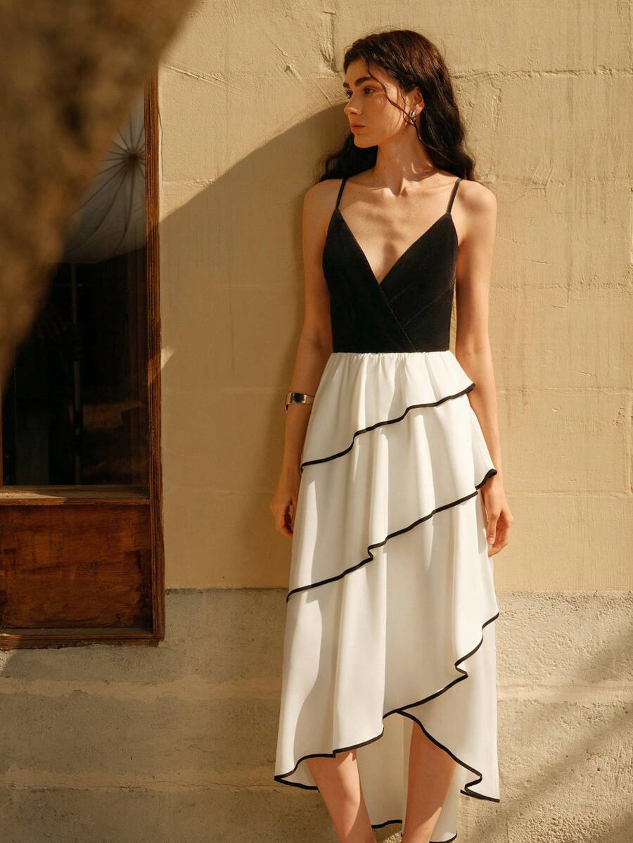 Chiquease Women Velvet Patchwork Contrast Color Tiered Midi Dress