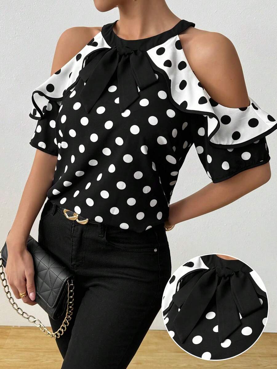 Calvaya Blouse à pois, chemise élégante pour femme, blouse à volant romantique, contraste de couleur noir et blanc