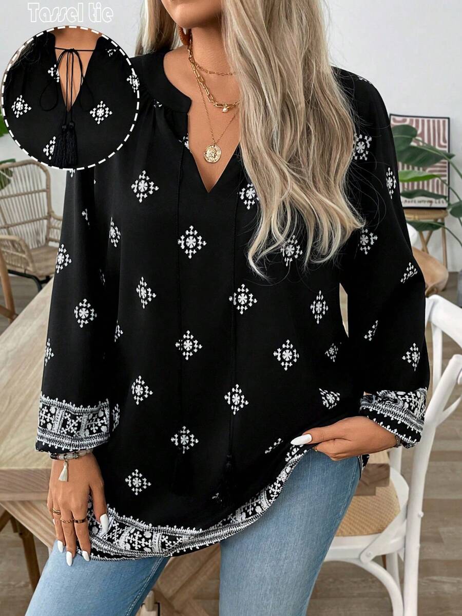 SHEIN LUNE Women's V-Neck Tie Lantern Sleeve Long Sleeve Fashionable Printed Versatile Plus Size Blouse
