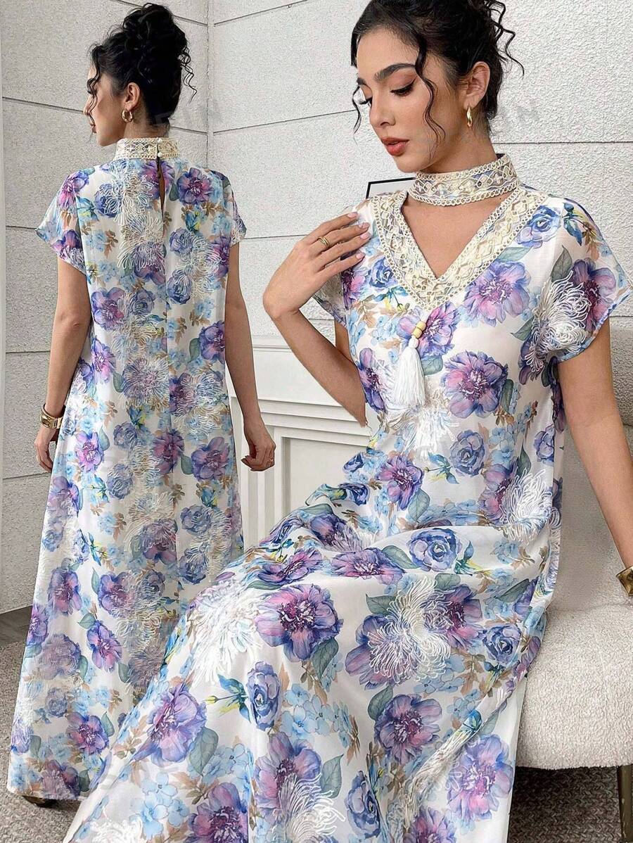 Yasmyna Vestido largo elegante de mujer con estampado floral todo sobre todo y bordado, de estilo tradicional turco y árabe
