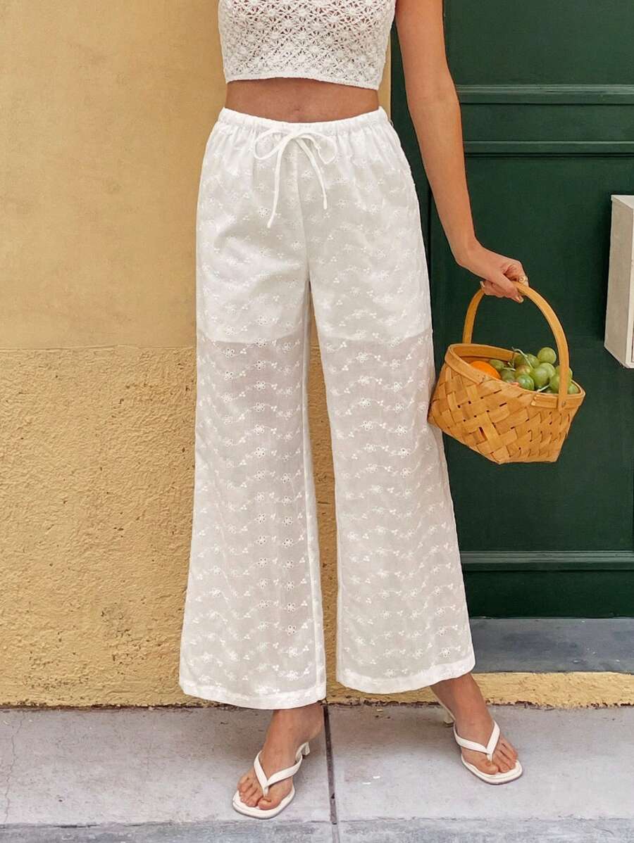 Calvaya Solid Color Embroidered Tie-Waist Straight-Leg Casual Pants