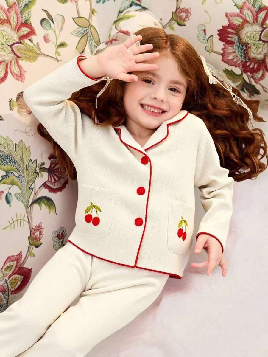 SHEIN 2pcs/Set Young Girl' Minimalist Cute Apricot Cherry Embroidered Long Pants And Loose Long Sleeve Homewear Set