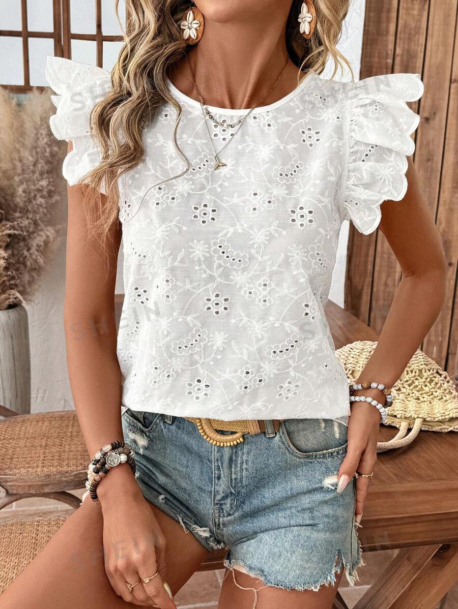 SHEIN LUNE Blusas bonitas para mujer, blusa blanca de verano con bordado de ojetes y mangas cortas con volantes, blusas de verano