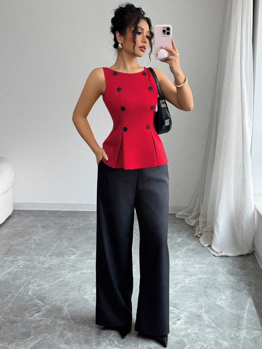 Elenzga Best-Selling Solid Color Fabric Button-Down Fitted Sleeveless Top And Contrast Color Pants 2Pcs Set For Women