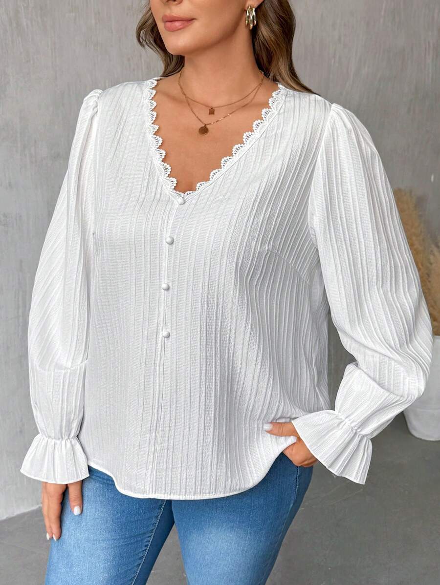 SHEIN LUNE 1pc Women's Simple V-Neck Ruffled Front Button Long Sleeve Plus Size Casual Shirt