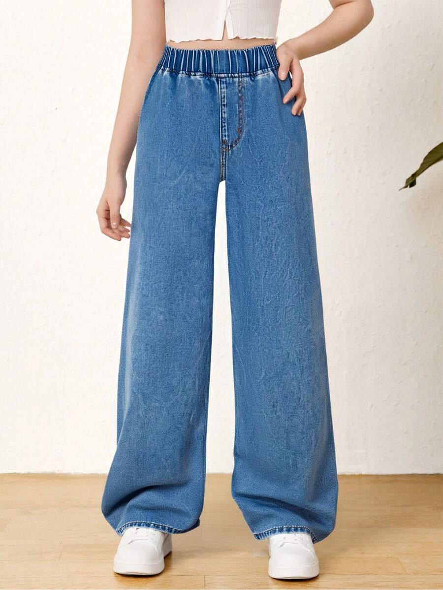 SHEIN Jeans casuales versátiles de cintura elástica y pierna ancha para adolescentes